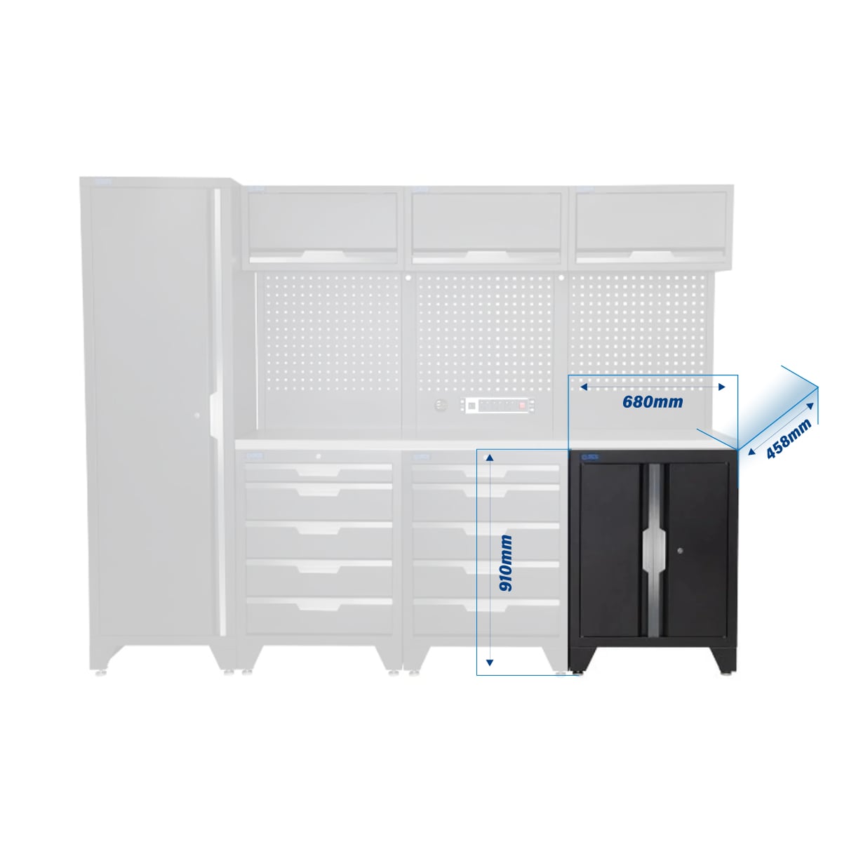 SGS 10pc Modular Garage Storage | 10 Drawers | Stainless Steel Worktop | Floor Cabinet | Tall Single Cabinet | 3x Upper Cabinets | Pegboard with Power Strip